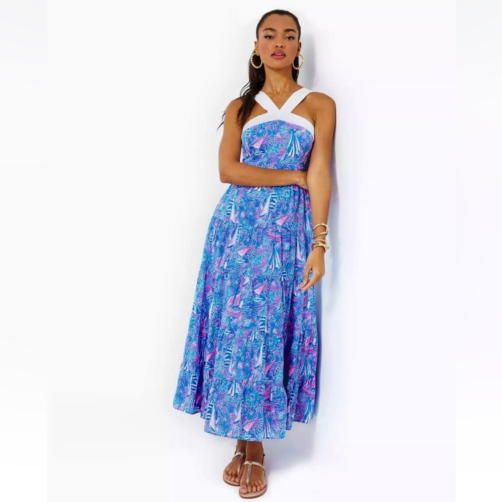 Lilly Pulitzer Jenette Halter Maxi Dress Boca Blue Its Sailabration Print NWT - Picture 2 of 16